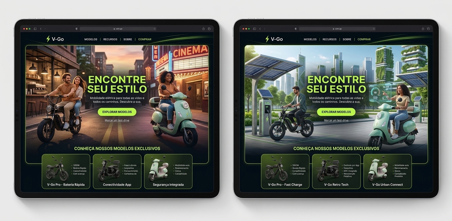 Modelos V-Go em detalhe — V-Go Pro, Retro Tech e Urban Connect exibidos em plataforma digital